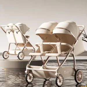 Side by Side Twin Baby Stroller Heavy-Duty Aluminum Frame One-Step Fold Double Baby Pram, Wholesale