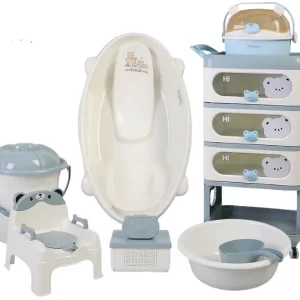 9-in-1 Baby Bath Tub Set with 4-Tier Cart, Potty Trainer, Bucket, Medicine Box, Bear Soap Dish, Water Scoop, Wash Basin & Bottle Storage Box, Wholesale